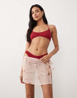 Miss Selfridge Miss Selfridge floral sequined mini tie side beach sarong in rose gold