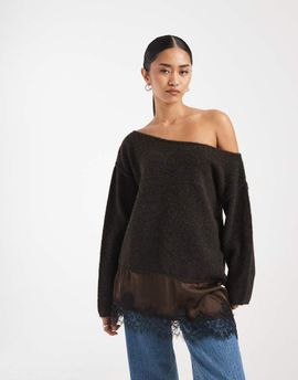 Miss Selfridge Miss Selfridge fluffy asymmetric sweater with contrast satin and lace hem in chocolate-No color