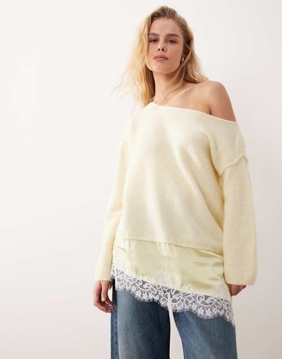 Miss Selfridge Miss Selfridge fluffy asymmetric sweater with contrast satin and lace hem in pale yellow