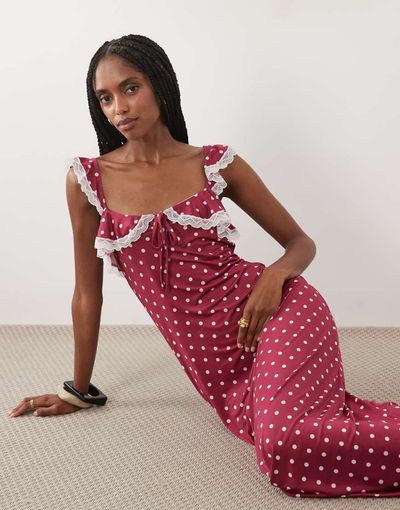 Miss Selfridge Miss Selfridge flutter straps cami midaxi dress in polka dots-pink