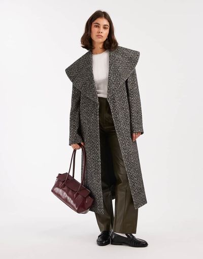 Miss Selfridge Miss Selfridge formal shawl collar wrap coat in herringbone-Multi