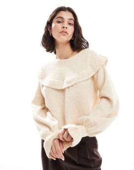 Miss Selfridge Miss Selfridge frill collar balloon sleeve sweater in cream-Neutral