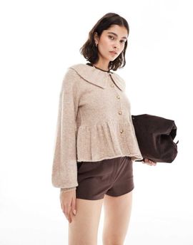 Miss Selfridge Miss Selfridge frill collar peplum hem cardigan in camel-Neutral