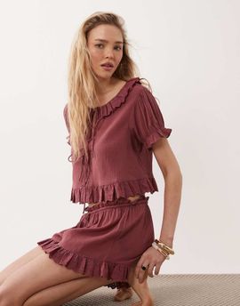 Miss Selfridge Miss Selfridge frill detailing beach shorts in burgundy - part of a set-No color