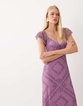 Miss Selfridge Miss Selfridge frill sleeve midaxi dress in purple tapestry print