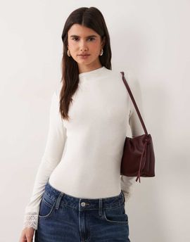 Miss Selfridge Miss Selfridge funnel neck bodysuit with lace cuffs in white
