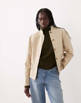 Miss Selfridge Miss Selfridge funnel neck cinched waist cropped trench coat in stone-Neutral