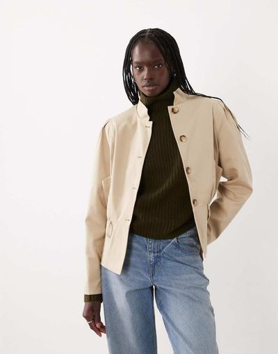 Miss Selfridge Miss Selfridge funnel neck cinched waist cropped trench coat in stone-Neutral