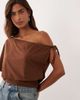 Miss Selfridge Miss Selfridge gathered off the shoulder top with deep waistband and lace trim in brown - 1