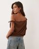 Miss Selfridge Miss Selfridge gathered off the shoulder top with deep waistband and lace trim in brown - 4