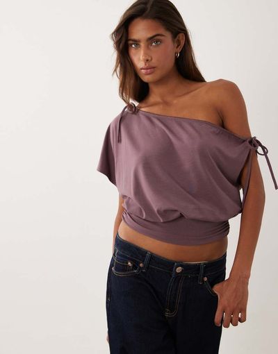 Miss Selfridge Miss Selfridge gathered off the shoulder top with deep waistband and lace trim in mauve-pink