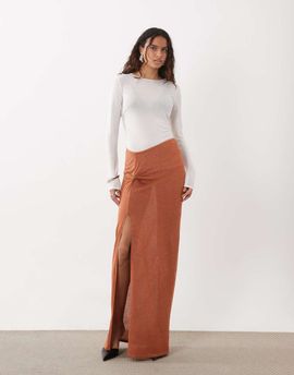 Miss Selfridge Miss Selfridge glitter knit twist detail maxi skirt in congac-Brown