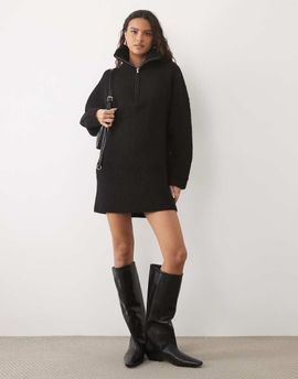 Miss Selfridge Miss Selfridge half zip batwing chunky knit mini dress in black