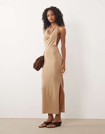 Miss Selfridge Miss Selfridge halterneck knit glitter maxi dress in gold