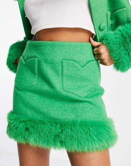 Miss Selfridge Miss Selfridge heart pocket faux fur trim mini skirt in green - part of a set