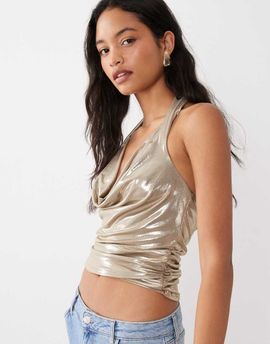 Miss Selfridge Miss Selfridge high shine halter neck top in gold