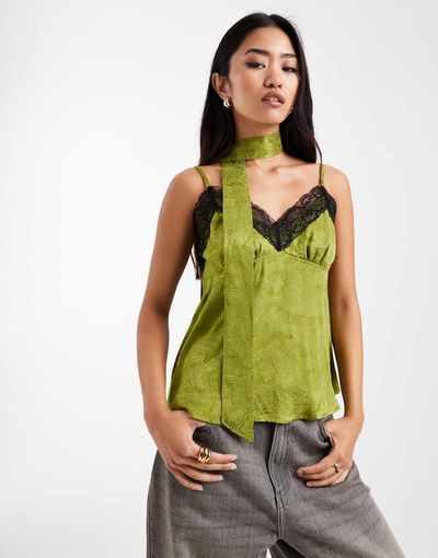 Miss Selfridge Miss Selfridge jacquard and lace cami with scarf in green