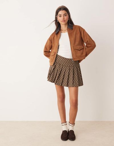 Miss Selfridge Miss Selfridge jersey plaid pleated skort-Brown