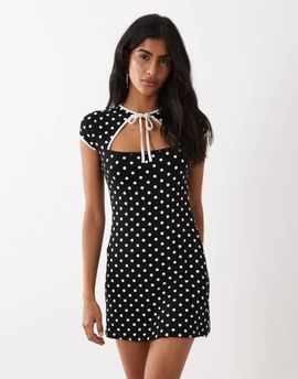 Miss Selfridge Miss Selfridge keyhole dress with contrast binding in polka dot print-Black