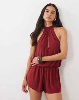 Miss Selfridge Miss Selfridge keyhole romper with picot trim in wine-Red