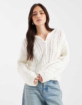 Miss Selfridge Miss Selfridge knit cable Henley sweater-White