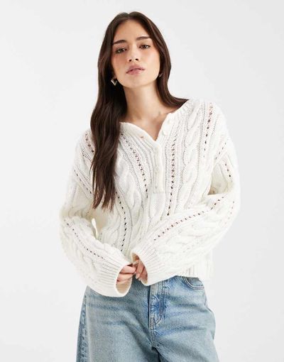 Miss Selfridge Miss Selfridge knit cable Henley sweater-White
