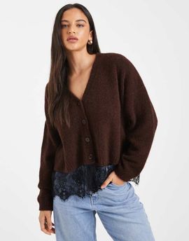 Miss Selfridge Miss Selfridge knit cardigan with lace hem in chocolate-pink