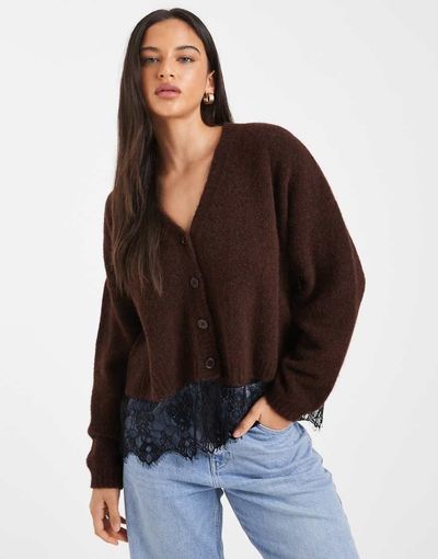 Miss Selfridge Miss Selfridge knit cardigan with lace hem in chocolate-pink