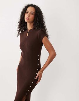 Miss Selfridge Miss Selfridge knit mandari collar midi dress with tie side detail in chocolate-Brown