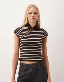 Miss Selfridge Miss Selfridge knit mandarin collar top in chocolate stripes-Brown