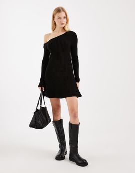 Miss Selfridge Miss Selfridge knit off-shoulder flippy mini dress in black