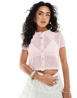 Miss Selfridge Miss Selfridge knit pointelle short sleeve cardigan in pink-No color