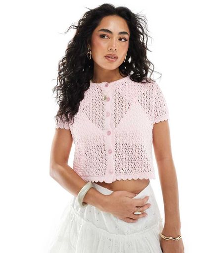 Miss Selfridge Miss Selfridge knit pointelle short sleeve cardigan in pink-No color