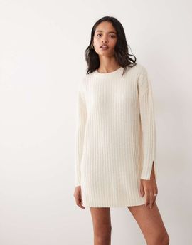 Miss Selfridge Miss Selfridge knit ribbed cozy mini dress in cream-White