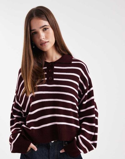 Miss Selfridge Miss Selfridge knit striped polo sweater in burgundy and pink-Multi