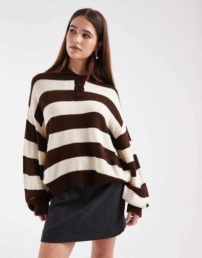 Miss Selfridge Miss Selfridge knit striped polo sweater in chocolate and buttermilk-Multi