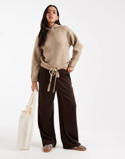 Miss Selfridge Miss Selfridge knit tie hooded sweater in beige-Neutral