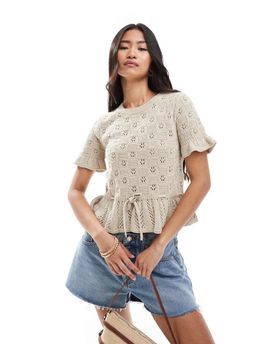 Miss Selfridge Miss Selfridge knit tie waist peplum short sleeve cardigan in cream-Yellow