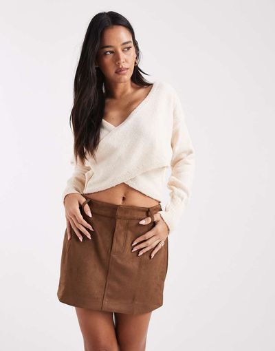 Miss Selfridge Miss Selfridge knit wrap top in cream-Gray