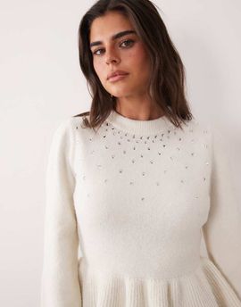 Miss Selfridge Miss Selfridge knitted sweater with peplum hem and embellishment in cream-WHITE
