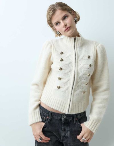 Miss Selfridge Miss Selfridge knitted zip through cardigan with military detail in cream-WHITE