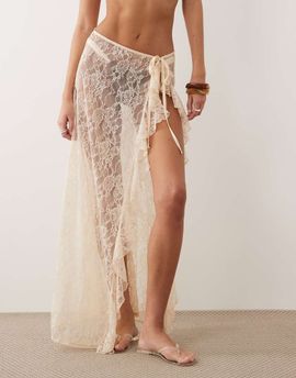 Miss Selfridge Miss Selfridge lace frill tie side maxi beach sarong in cream-White
