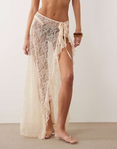 Miss Selfridge Miss Selfridge lace frill tie side maxi beach sarong in cream-White
