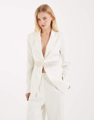 Miss Selfridge Miss Selfridge lace insert cinch blazer in ivory - part of a set-White
