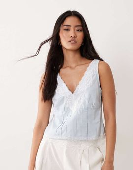 Miss Selfridge Miss Selfridge lace mix chambray cami top in light blue wash
