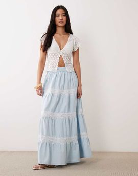Miss Selfridge Miss Selfridge lace mix chambray maxi skirt in light blue wash