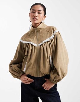 Miss Selfridge Miss Selfridge lace trim funnel neck track jacket in khaki-Green