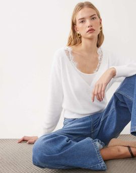 Miss Selfridge Miss Selfridge lace trim wrap sweater in cream-WHITE