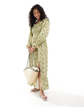 Miss Selfridge Miss Selfridge linen mix printed off the shoulder maxi dress in green floral-Multi