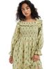 Miss Selfridge Miss Selfridge linen mix printed off the shoulder maxi dress in green floral-Multi - 4